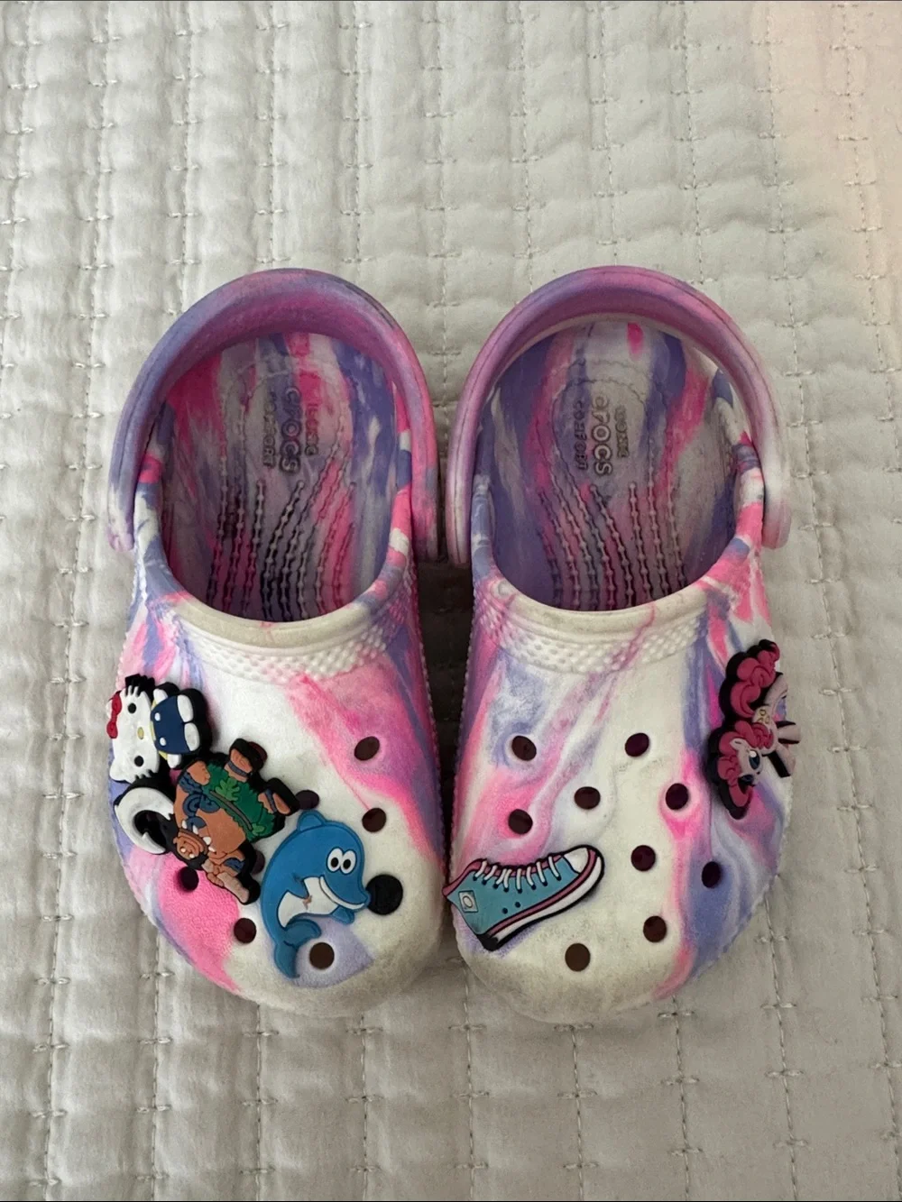 CROCS Pink, Purple & White Tie-Dye Clogs with Decorative Jibbitz